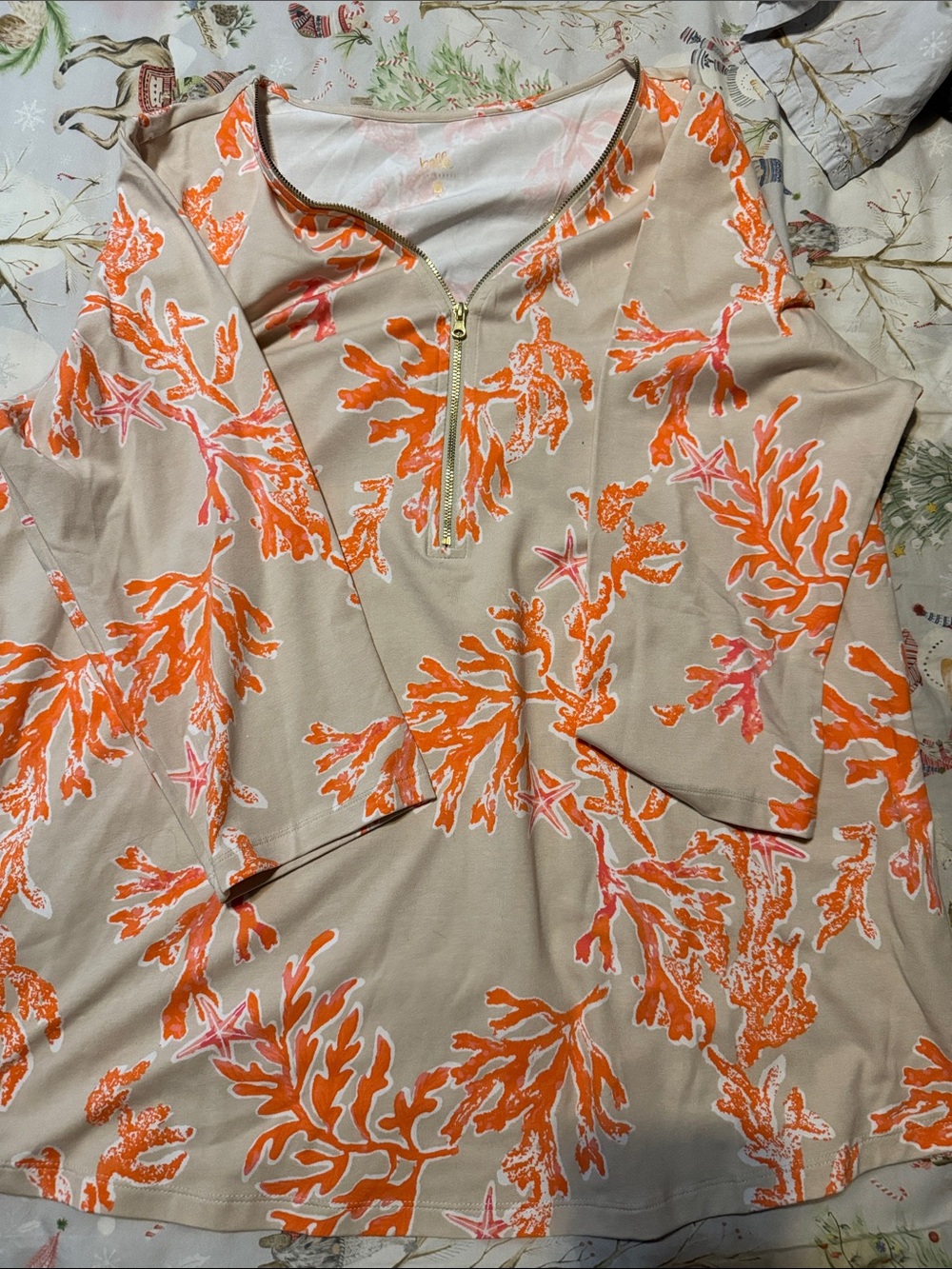 Beige Tunic Top with Orange Coral Print and Gold Zip Belle by Kim Gravel